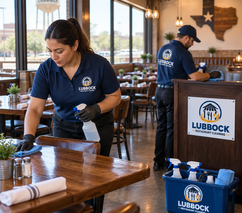 Professional restaurant cleaners sanitizing front-of-house tables, chairs, and host stand in a clean dining room
