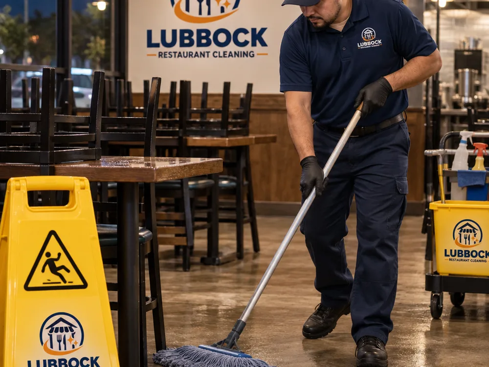 Cleaner mopping under dining tables with wet floor signage in an after-hours restaurant
