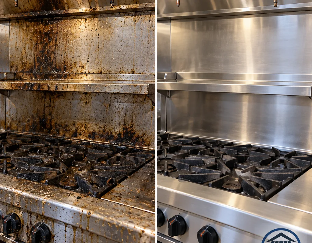 Before-and-after comparison of a greasy commercial range and backsplash versus restored clean surfaces