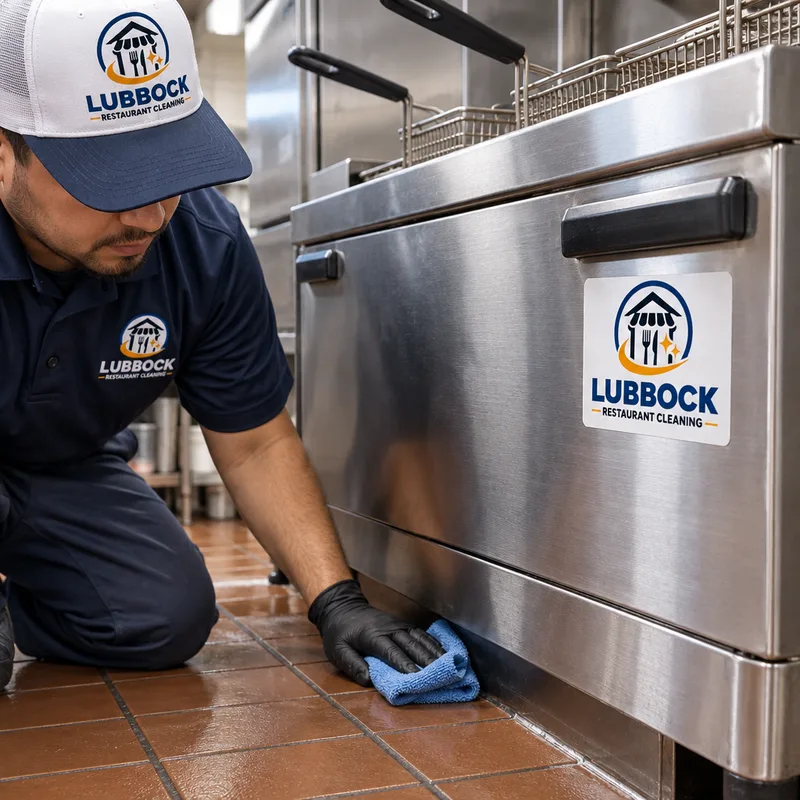 Cleaned fryer exterior and surrounding floor edge with grease removed from seams and baseboards