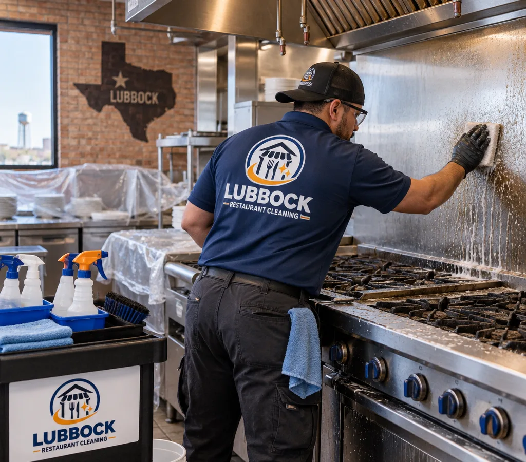 Professional cleaner degreasing a commercial range and stainless backsplash in a working restaurant kitchen
