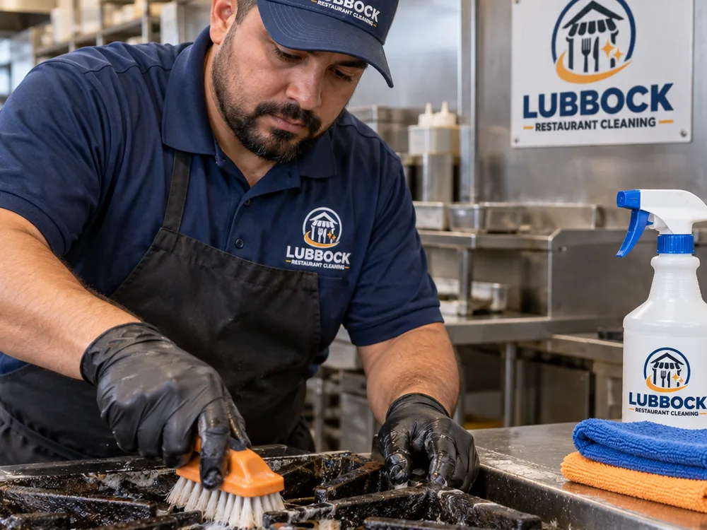 Technician hand-scrubbing baked-on grease from a commercial stove grate beside labeled cleaning supplies
