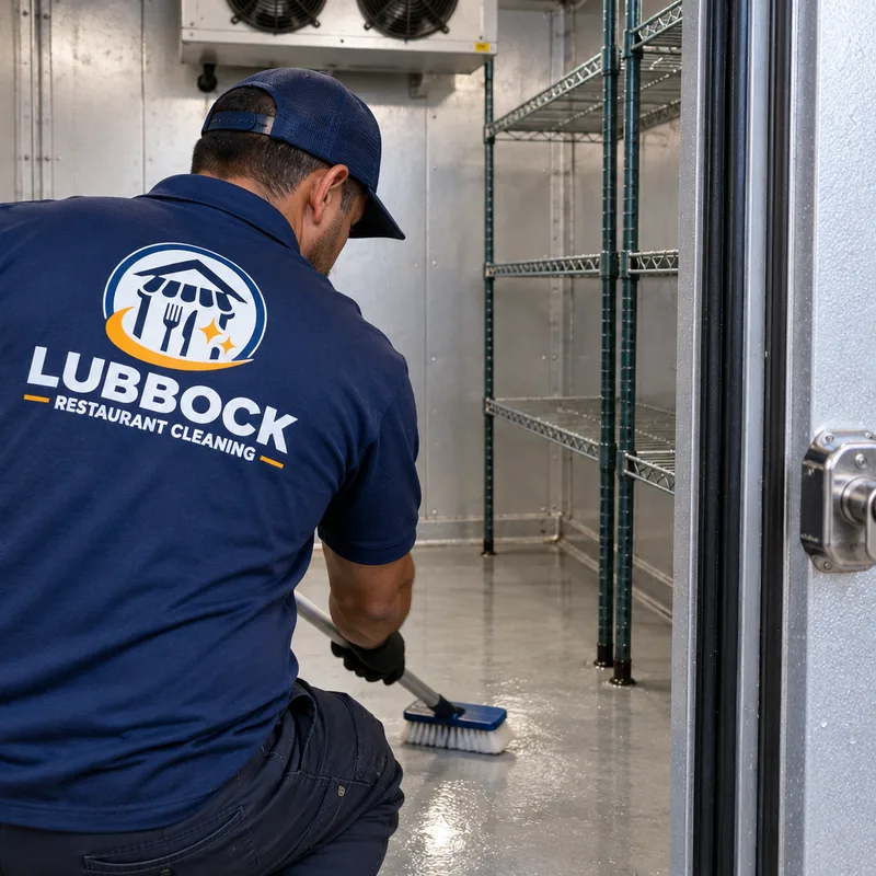 Walk-in cooler with cleaned floor, wall panels, shelving, and door gasket area