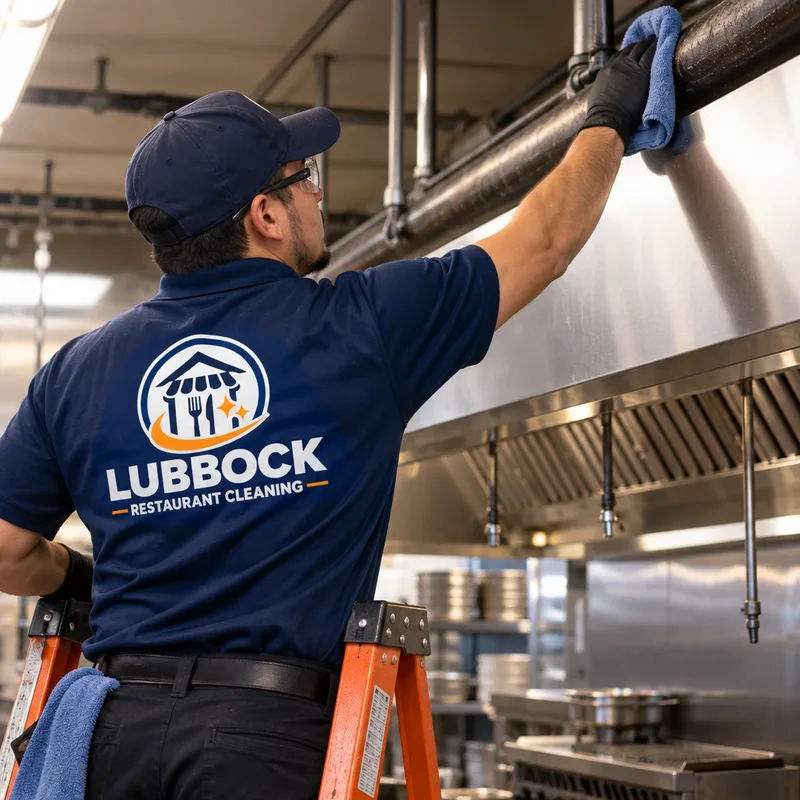 Technician safely high dusting a ledge and pipe run above a commercial cook line