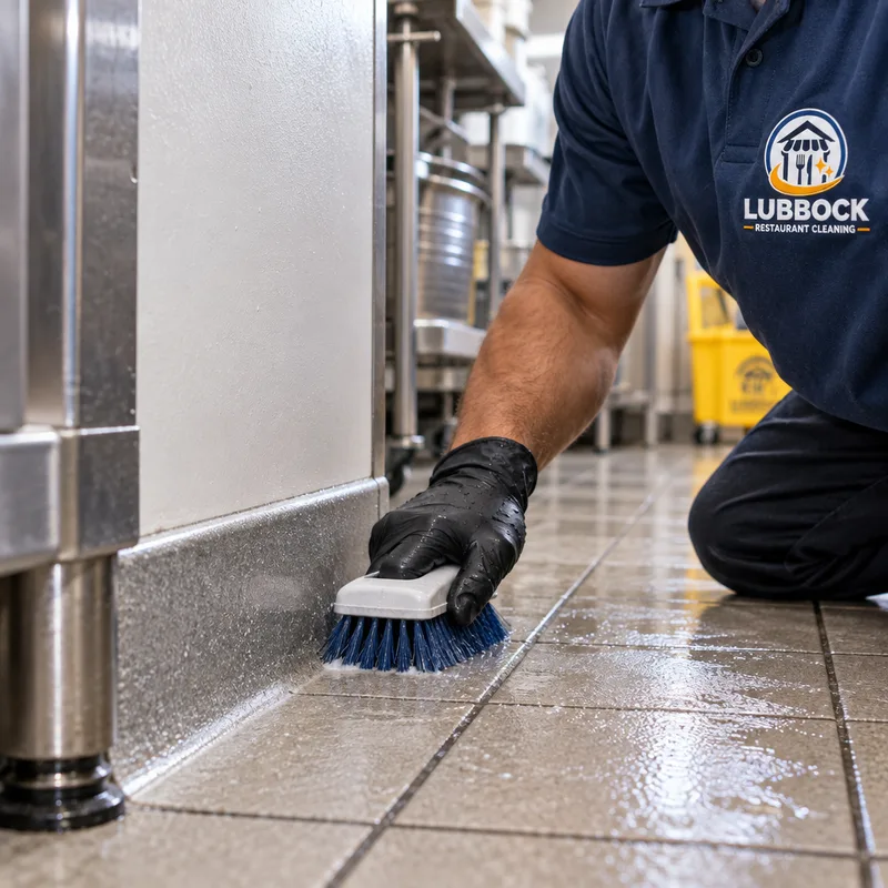 Clean commercial kitchen floor edge and base cove after detailed scrubbing