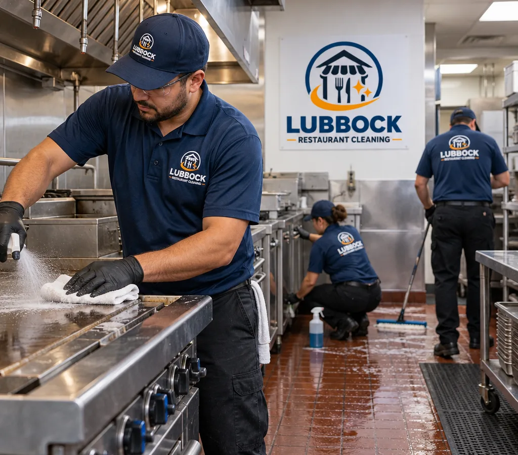 Commercial kitchen crew deep cleaning a cook line, stainless surfaces, floors, and base cove