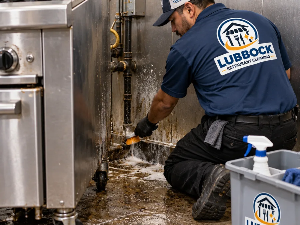 Cleaner degreasing behind a commercial range and detailing the back wall, floor edge, and equipment casters