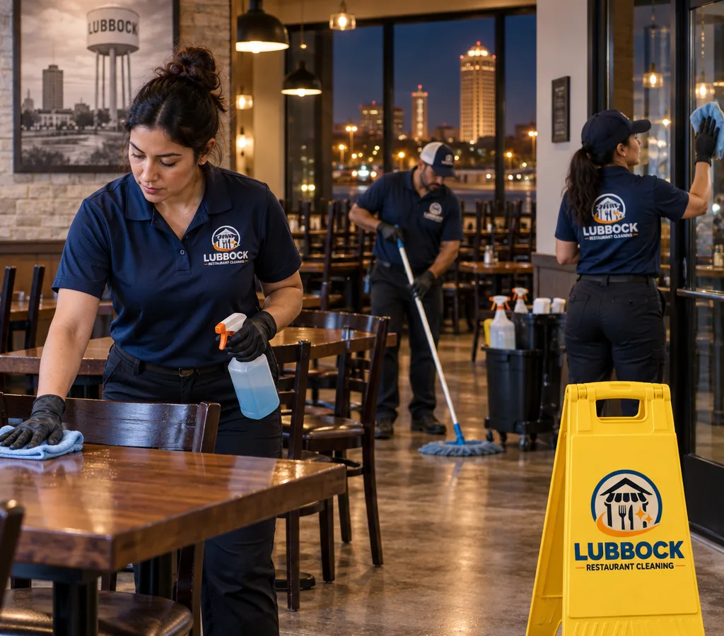 After-hours restaurant crew wiping tables and chair backs, cleaning glass, and preparing dining room floors for mopping