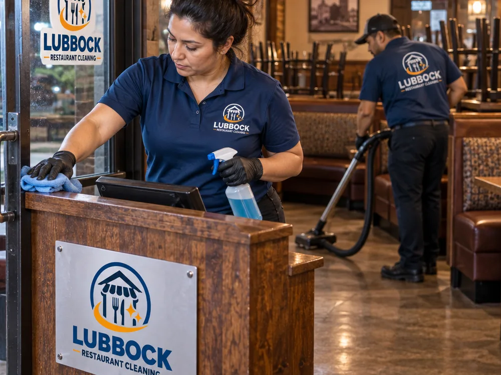 Cleaner detail-wiping a host stand and door glass while another cleaner vacuums beneath restaurant booths