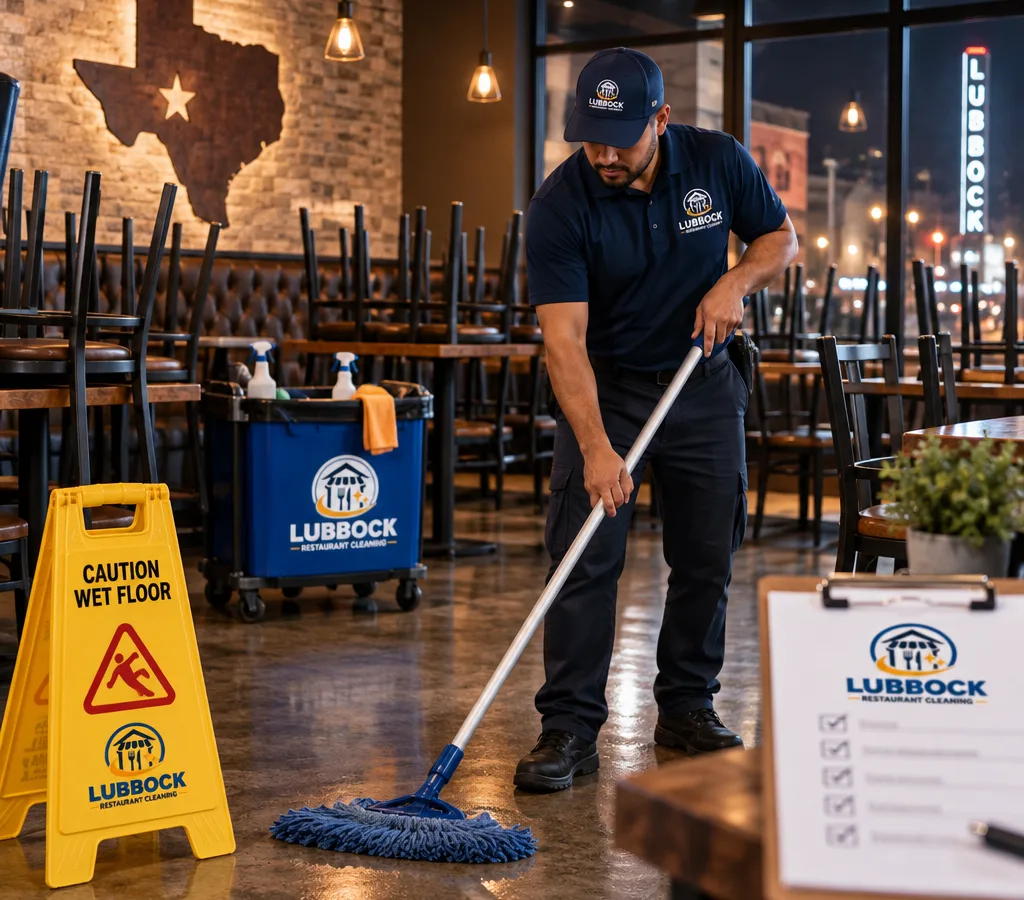 Night cleaning technician mopping a restaurant dining room with chairs raised, wet-floor signage, and a checklist nearby
