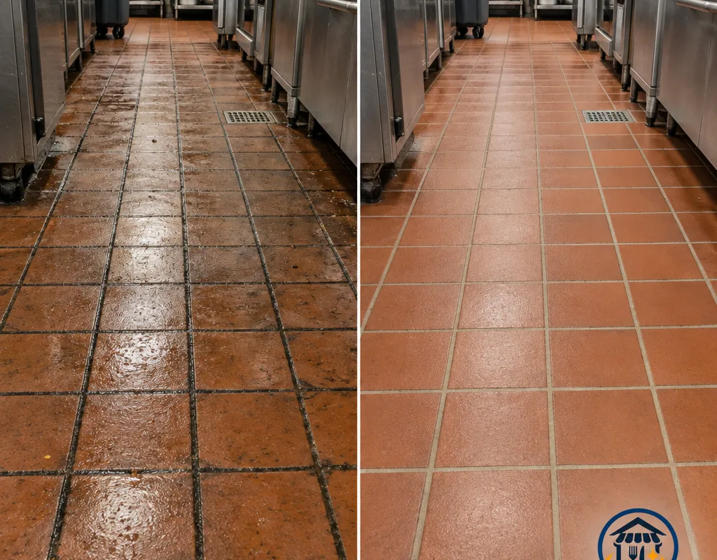 Before-and-after comparison of a greasy quarry tile kitchen walkway and its cleaned grout lines