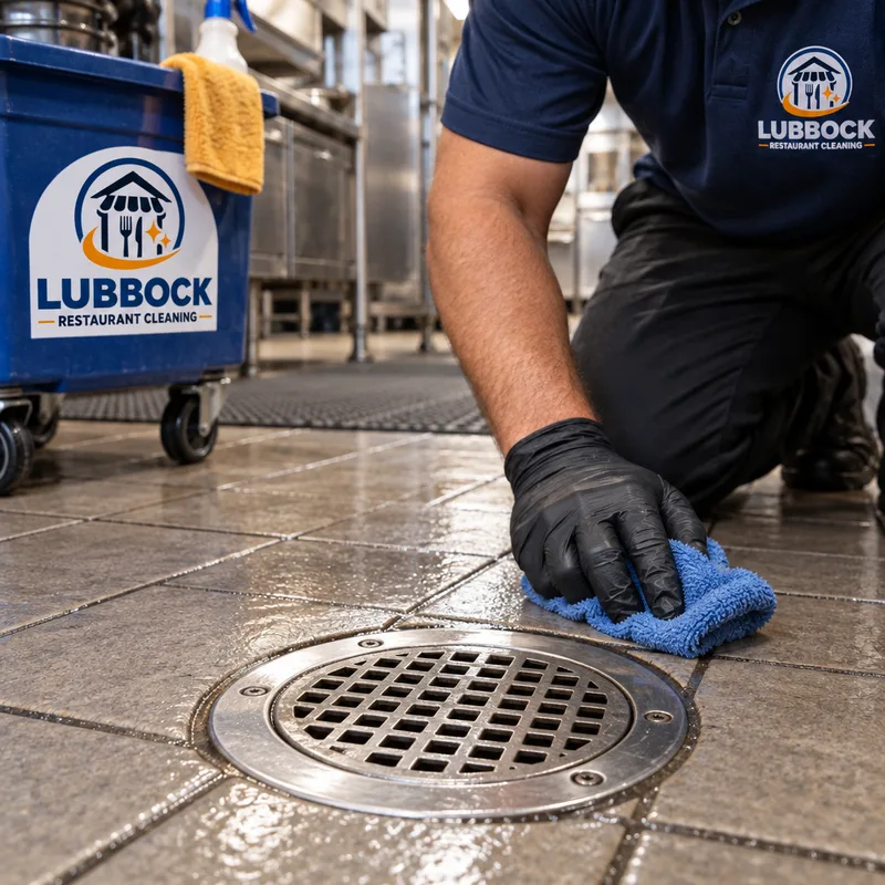 Cleaned commercial kitchen floor drain with reduced grease buildup around the ring and grout lines