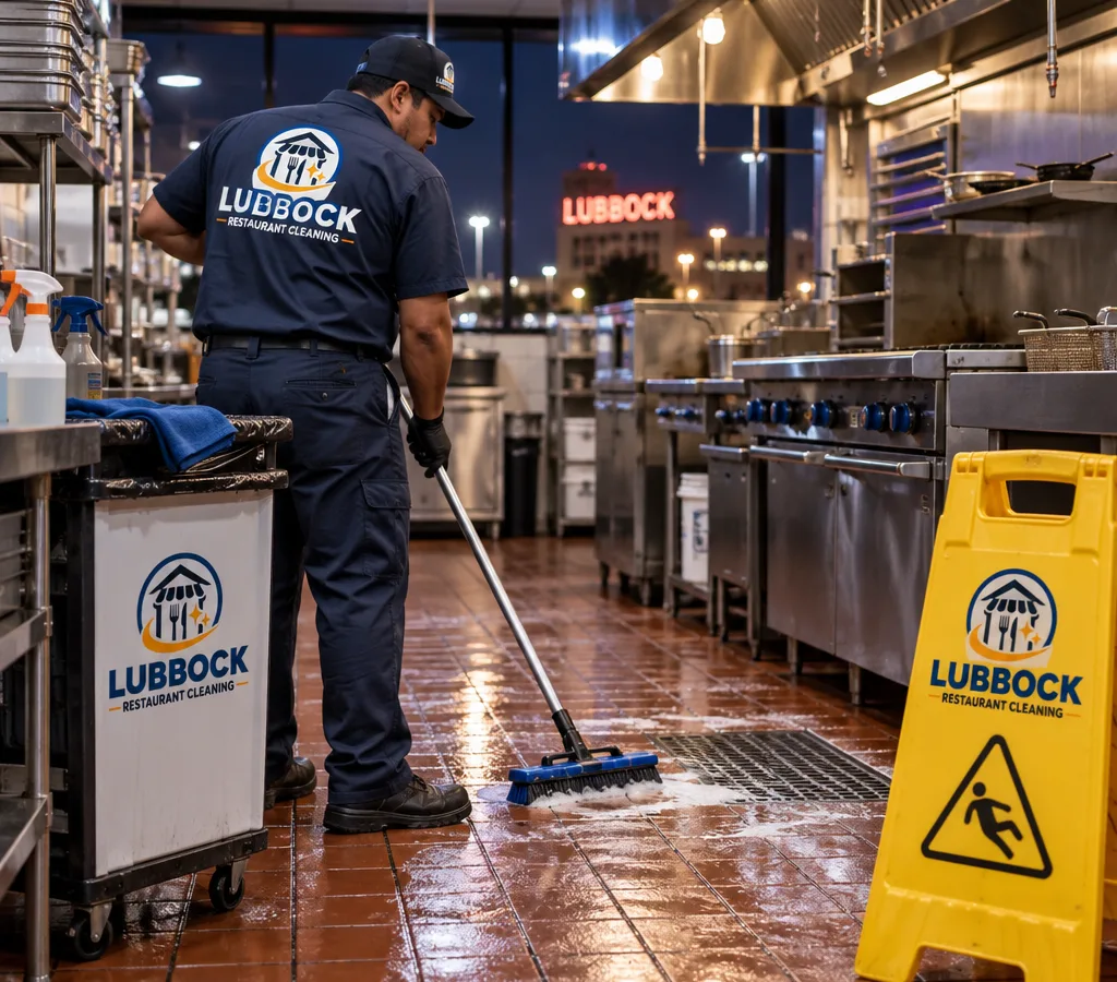 Crew member preparing to clean quarry tile flooring in a Lubbock commercial kitchen with wet-floor safety signage
