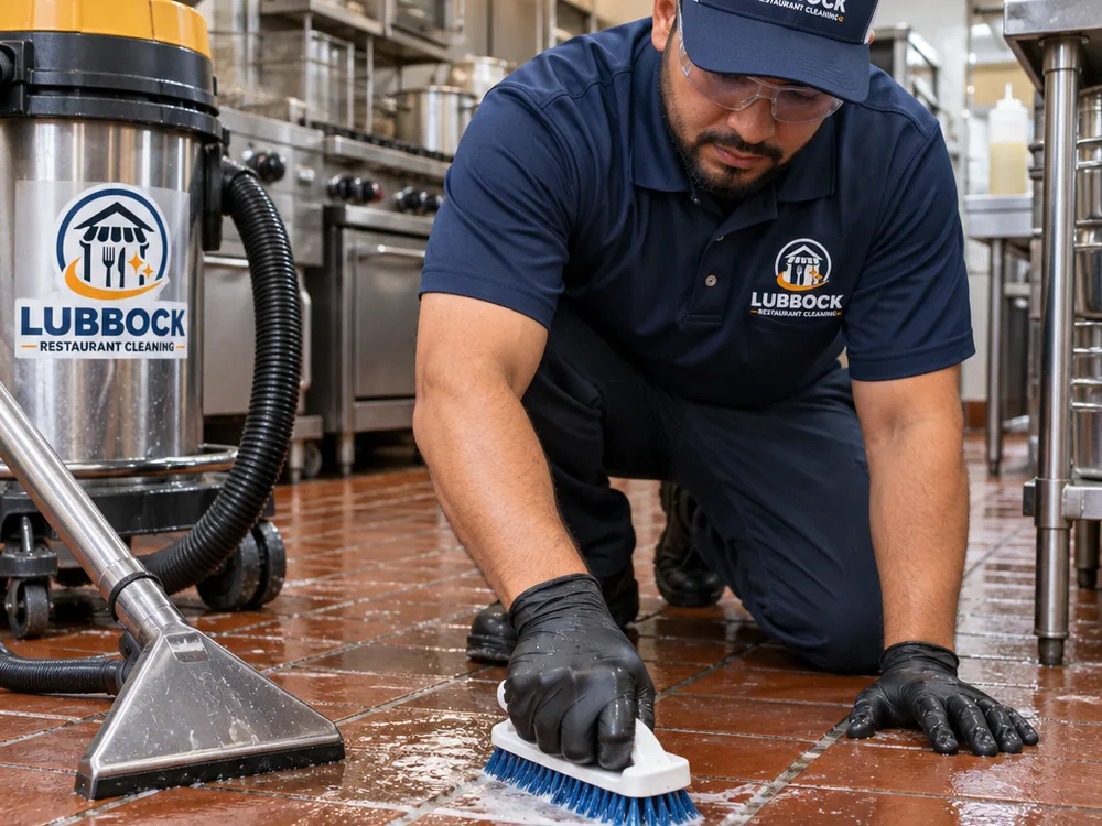 Technician scrubbing degreaser into grout lines on commercial quarry tile with extraction equipment nearby