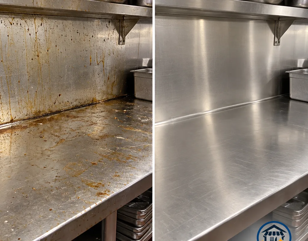 Before-and-after comparison of a greasy stainless prep area restored to a uniform clean finish