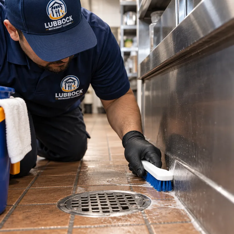 Clean floor edge and corner behind a prep line with buildup removed around the drain cover