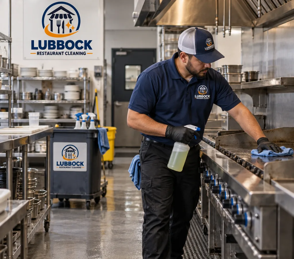 Technician wiping and degreasing equipment in a clean after-hours restaurant kitchen
