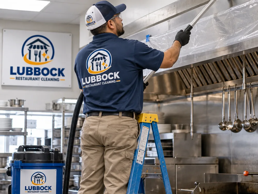 Technician on a ladder performing controlled high dusting above a commercial kitchen line