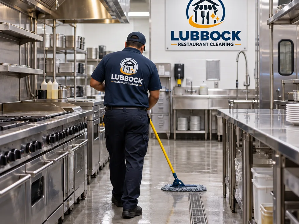 Clean commercial kitchen aisle with mopped floors and organized work zones ready for opening