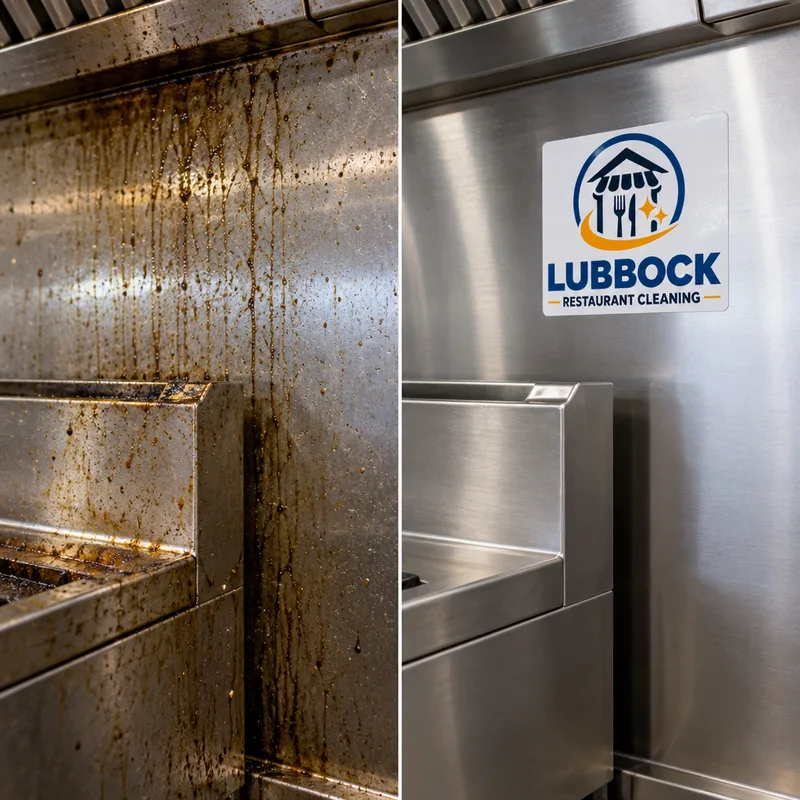 Before-and-after view of greasy stainless equipment panels restored to clean, streak-free surfaces