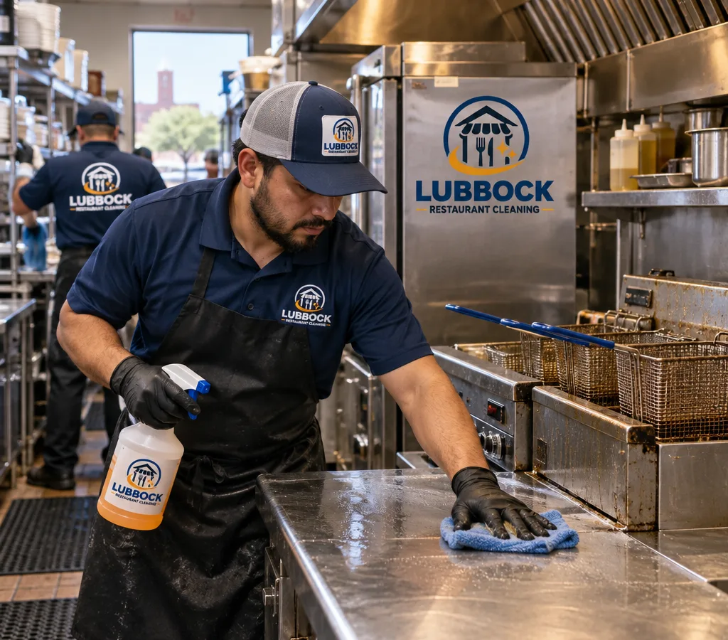 Technician degreasing stainless prep surfaces, a fryer exterior, and hood-adjacent equipment in an operating restaurant kitchen