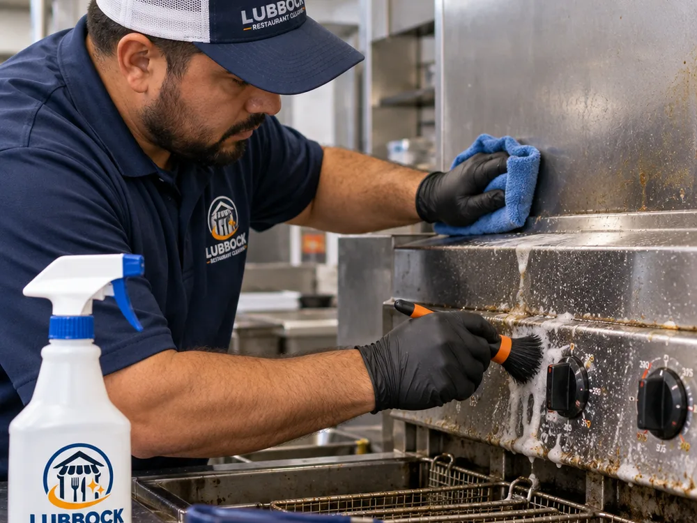 Hands detailing a commercial fryer control area and stainless backsplash with food-safe degreaser, microfiber towels, and a detailing brush
