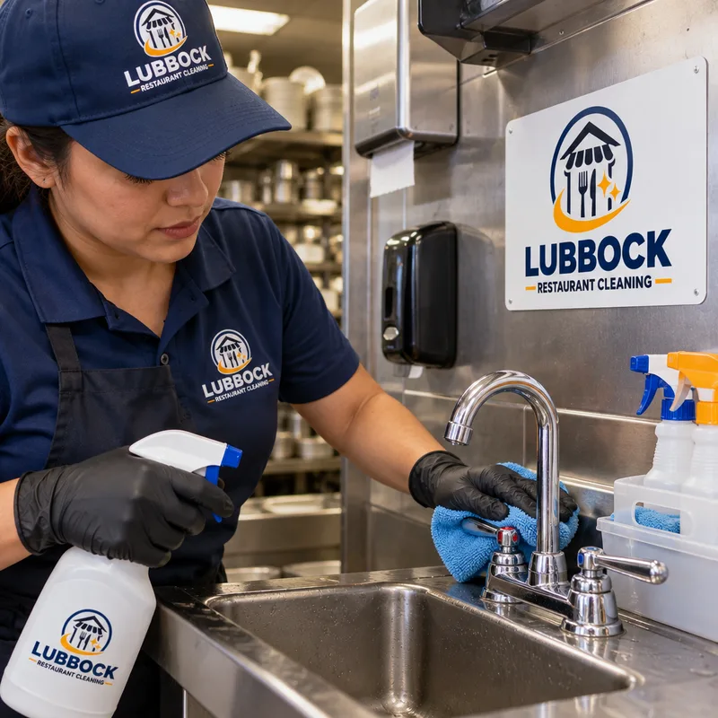 Commercial kitchen hand sink, faucet handles, backsplash, and splash zone being sanitized