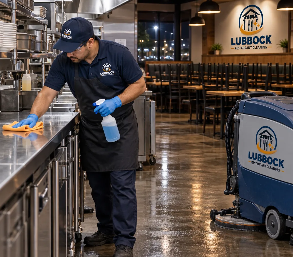 After-hours restaurant cleaner detailing a stainless prep line near a floor scrubber and closed dining area