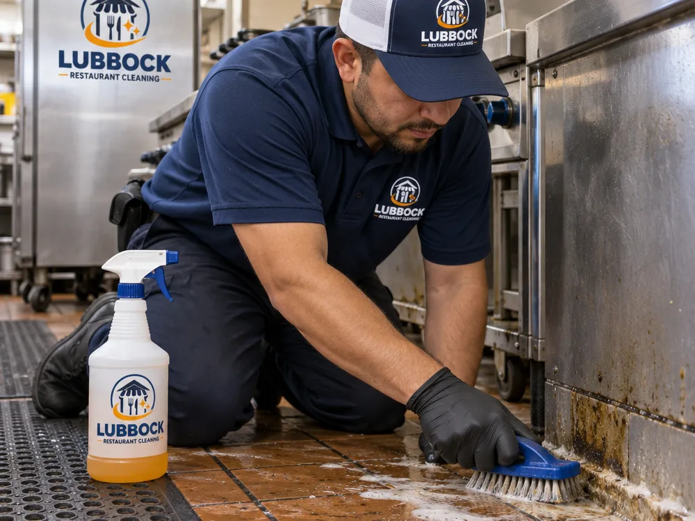 Technician scrubbing greasy grout and a floor-wall junction behind a commercial cook line