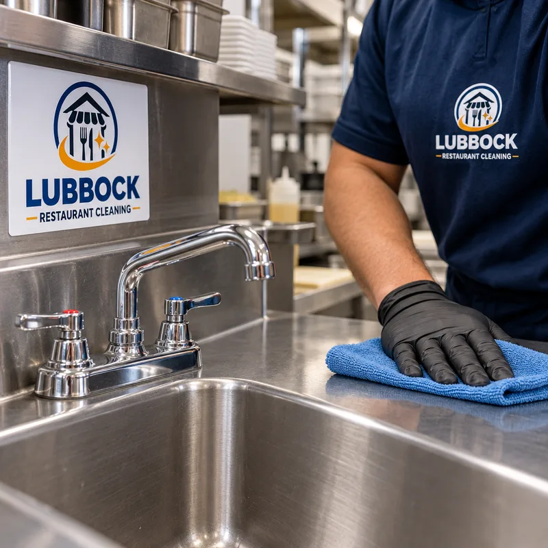 Sanitized stainless steel prep counter, sink, and faucet handles