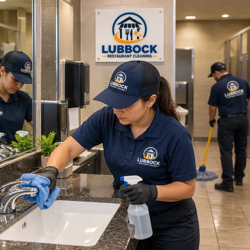 Clean and disinfected restaurant restroom sink, mirror, touch points, and floor