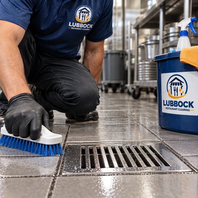 Freshly cleaned commercial kitchen floor drain and surrounding tile