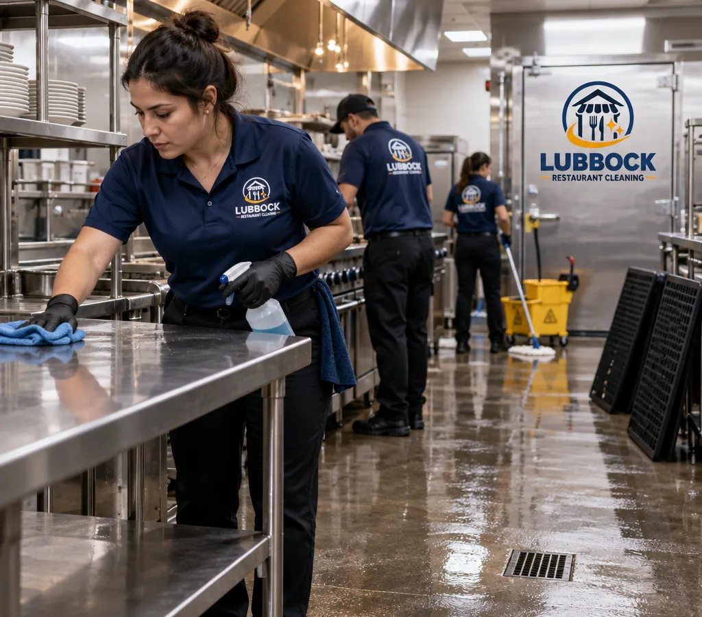 After-hours restaurant cleaning team sanitizing stainless prep tables and equipment in a commercial kitchen