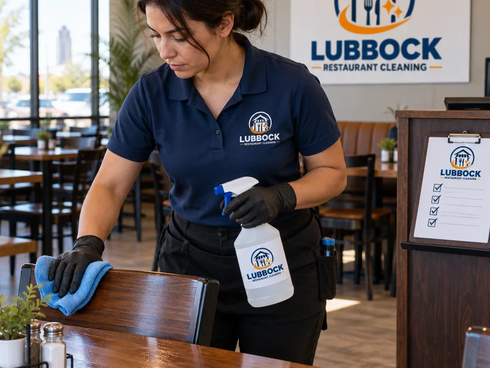 Cleaner disinfecting restaurant tables and chair backs with a checklist nearby
