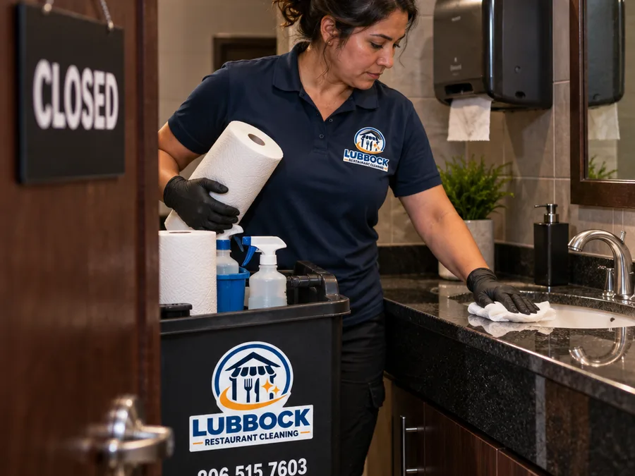 Cleaner restocking paper towels and disinfecting a restaurant restroom sink and counter after hours