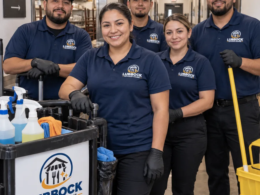 Uniformed restaurant cleaning crew with carts and labeled supplies in a commercial hallway